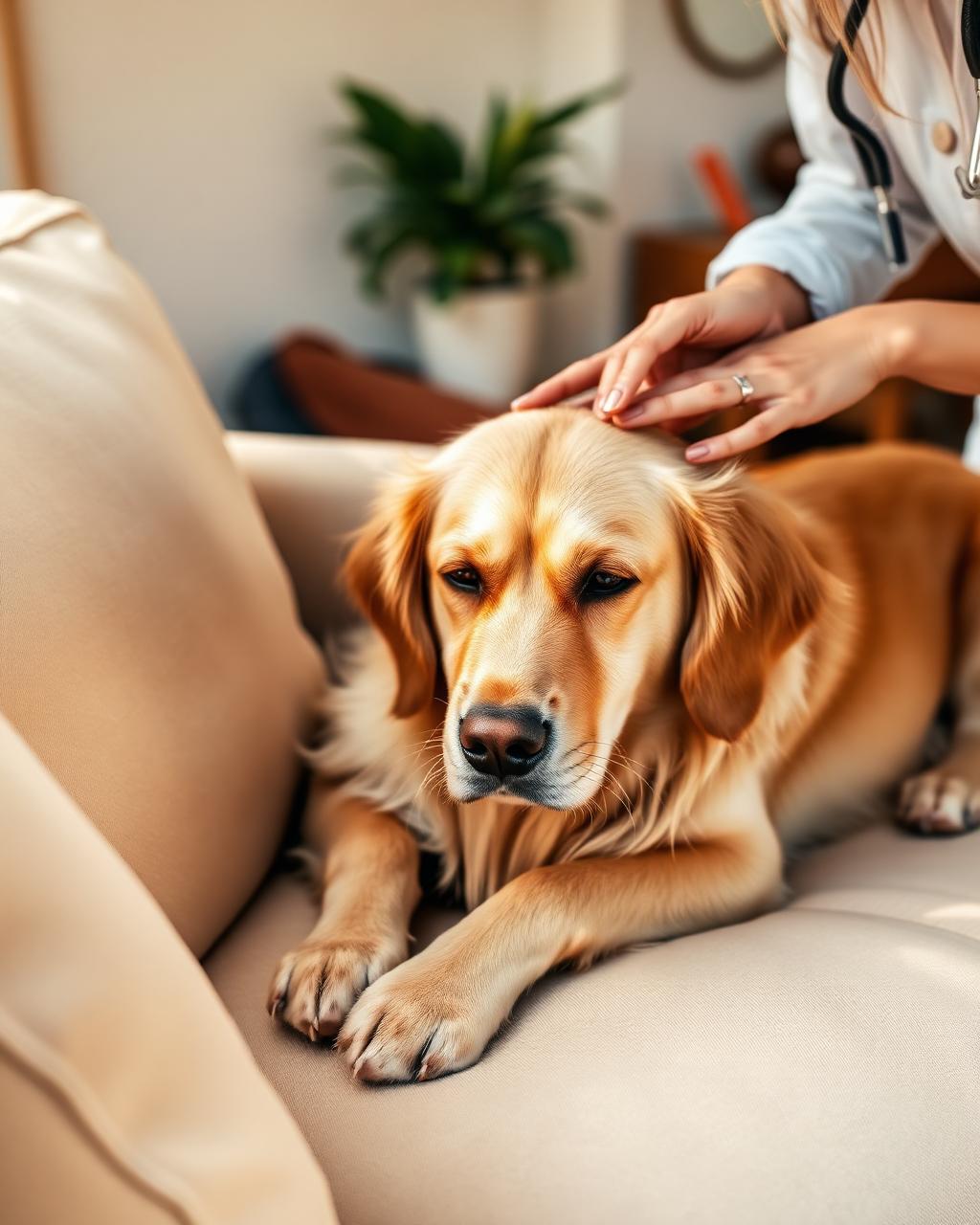 A veterinarian gently examining a pet at home